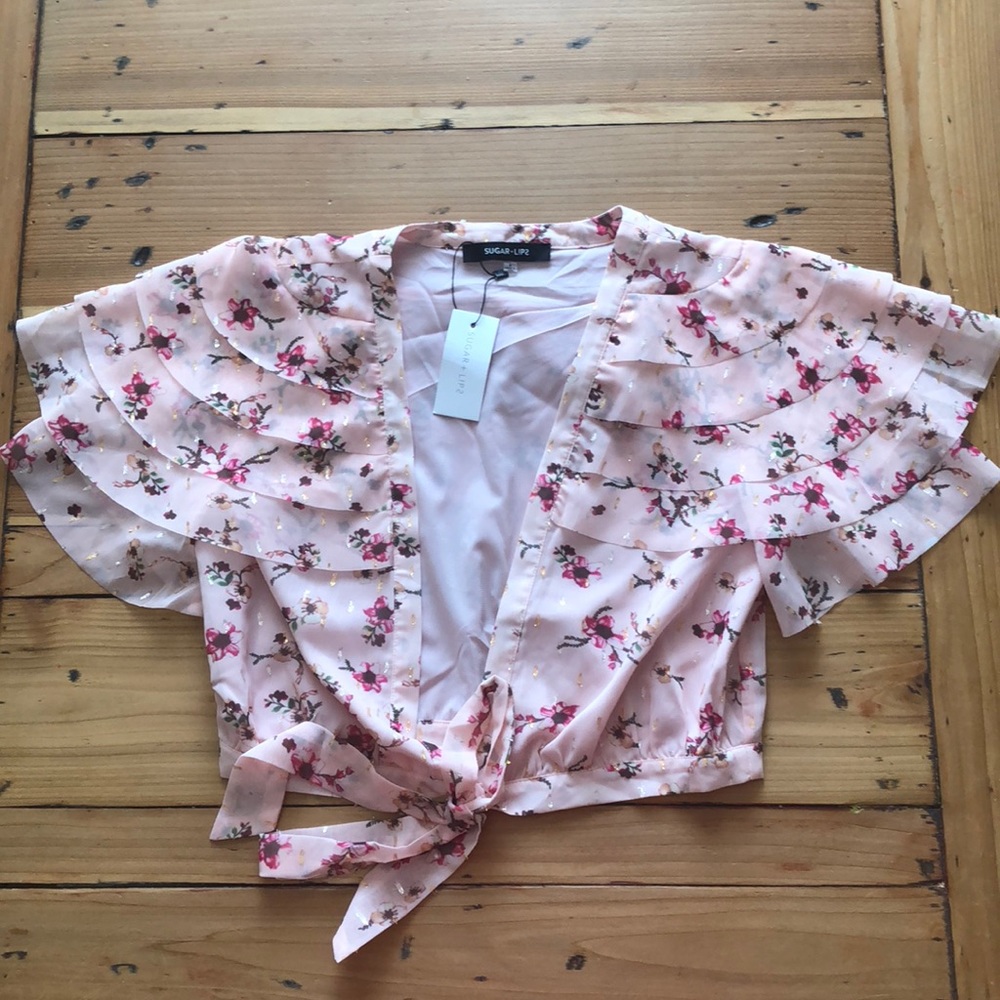 Pink floral chiffon wrap top